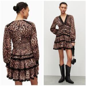 ALLSAINTS - NWT- Zora Evita Lace Trim Printed Dress Leopard Mini | 12